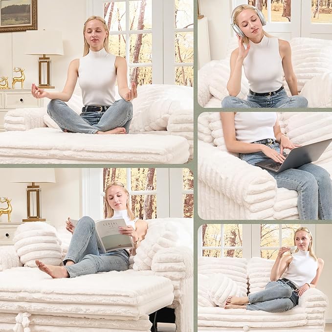 Belffin Upholstered Chaise Lounge Pull Out Sofa Bed with Pillows Couch Bed Sofa Pull Out Couch Sleeper Chair with Rolled Armrests for Living Room Plush Corduroy (White)