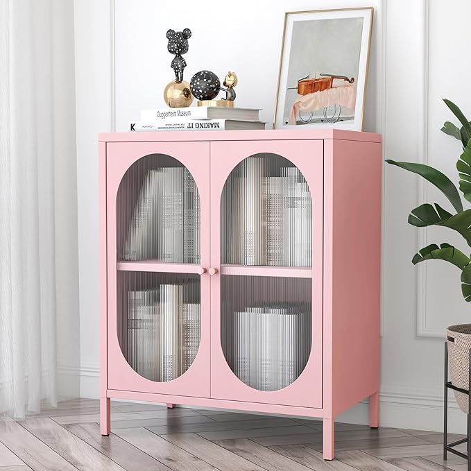 Display Cabinets with 2 Acrylic Doors，Small Pantry Cabinet, Storage Closet with Adjustable Shelf and High Feet, Pink Cabinet for Home, Office, Living Room,Dining Room,Sideboard, Hallway and Entryway