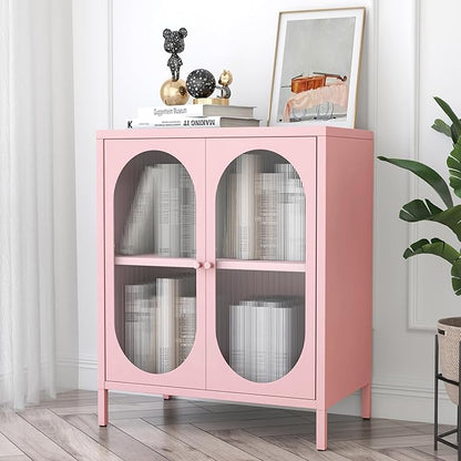 Display Cabinets with 2 Acrylic Doors，Small Pantry Cabinet, Storage Closet with Adjustable Shelf and High Feet, Pink Cabinet for Home, Office, Living Room,Dining Room,Sideboard, Hallway and Entryway