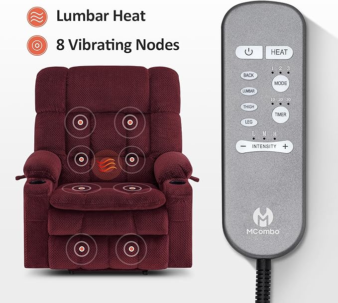 MCombo Oversized Power Lift Recliner Chair for Elderly, Dual Motor Lift Chair with Heat and Massage, Lay Flat Lift Chair for Big and Tall, Cup Holders, Fabric R7891 (Oversize, Burgundy)