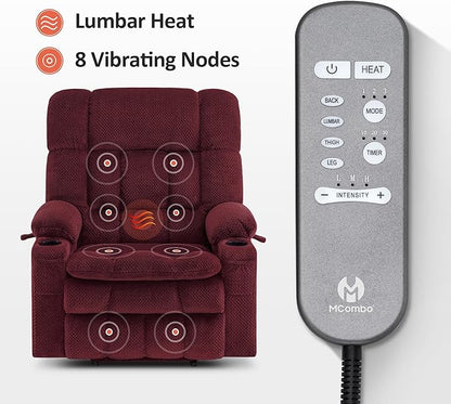 MCombo Oversized Power Lift Recliner Chair for Elderly, Dual Motor Lift Chair with Heat and Massage, Lay Flat Lift Chair for Big and Tall, Cup Holders, Fabric R7891 (Oversize, Burgundy)