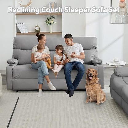 Manual Recliner Sofa Set Anti-Scratch 3 Seats Reclining, Sofa Couches with Side Pocket and Cupholders Wall Hugger Leather Couch for RV Living Room Home Theater Bedroom Apartment