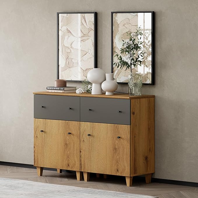 WAMPAT Set of 2 Storage Cabinets for Living Room, Modern Wood Accent Cabinets Sideboard with Drawers, Doors, and Adjustable Shelves for Dining Room, Kitchen, Entryway, Oak Brown & Dark Grey