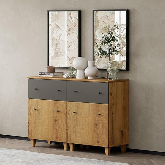 WAMPAT Set of 2 Storage Cabinets for Living Room, Modern Wood Accent Cabinets Sideboard with Drawers, Doors, and Adjustable Shelves for Dining Room, Kitchen, Entryway, Oak Brown & Dark Grey