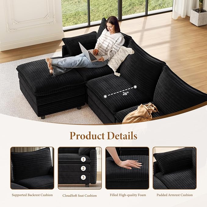 Vesgantti Large Modular Sectional Sofa, Big Comfy Cloud Couch with Ottoman Deep Seat Corduroy Cloud Sofa, 9 Seater Large Sectional Couches for Living Room, Bedroom and Apartment, Black