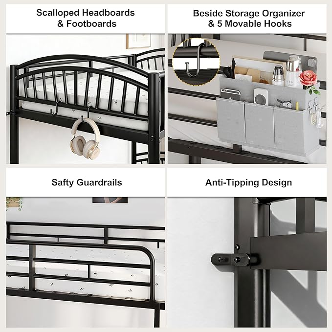 Twin Bunk Beds for Teen & Adults, Heavy Duty Metal Bunk Bed Twin Over Twin with Bedside Caddy, Convertible Ladder & Flat Rungs, Space Saving Bunkbed Frame for Bedroom Dorm, No Box Spring Needed