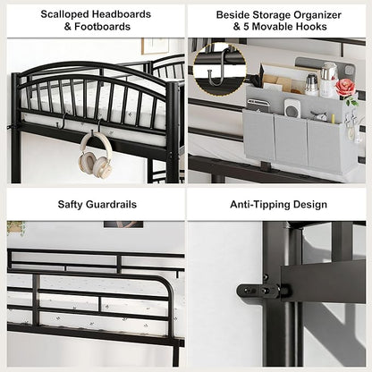Twin Bunk Beds for Teen & Adults, Heavy Duty Metal Bunk Bed Twin Over Twin with Bedside Caddy, Convertible Ladder & Flat Rungs, Space Saving Bunkbed Frame for Bedroom Dorm, No Box Spring Needed