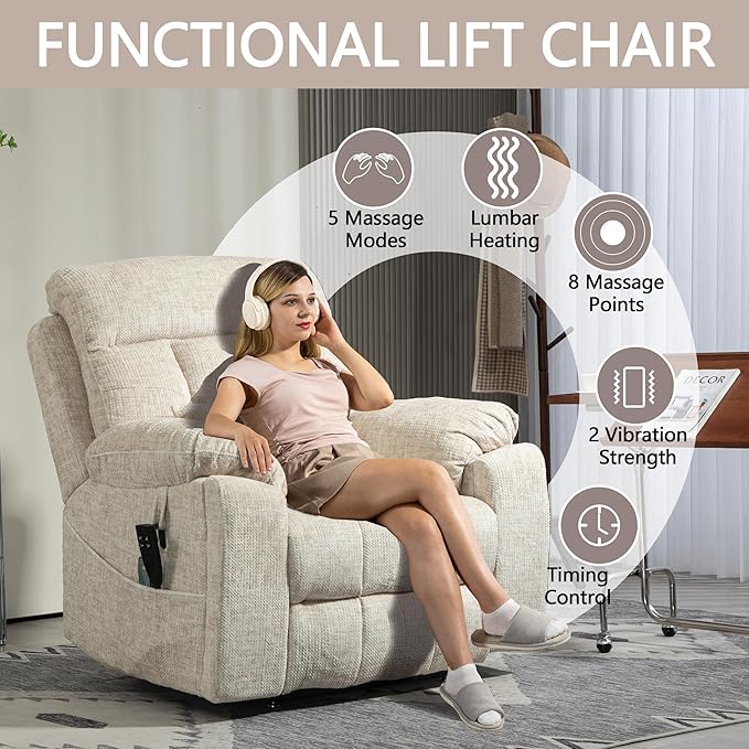 Power Lift Chair Lay Flat Recliner Infinite Position Electric Dual Motor Stand Up Lift Chair with Massage and Heat for Adults,Heavy Duty Recliners with 2 Remote Controls and Two Cup Holders