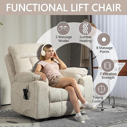 Power Lift Chair Lay Flat Recliner Infinite Position Electric Dual Motor Stand Up Lift Chair with Massage and Heat for Adults,Heavy Duty Recliners with 2 Remote Controls and Two Cup Holders