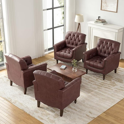 Faux Leather Accent Chairs Set of 4, Upholstered Armchairs with Nailhead Trims & Wood Legs for Living Room, Bedroom, Contemporary Comfy Club Chairs for Office-Dark Red