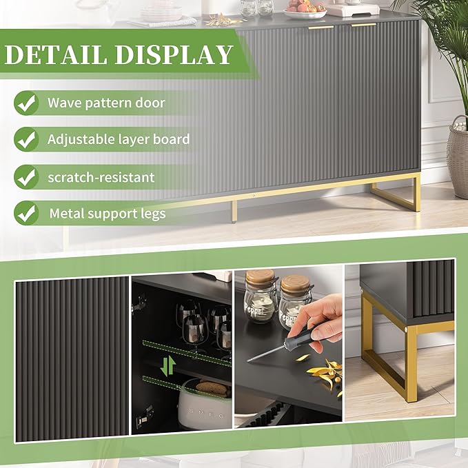 Fluted Accent Storage Cabinet, Kitchen Sideboard Buffet with 4 Fluted Doors, Adjustable Shelves for Living Room, Dining Room, Hallway (Black 4 Door)