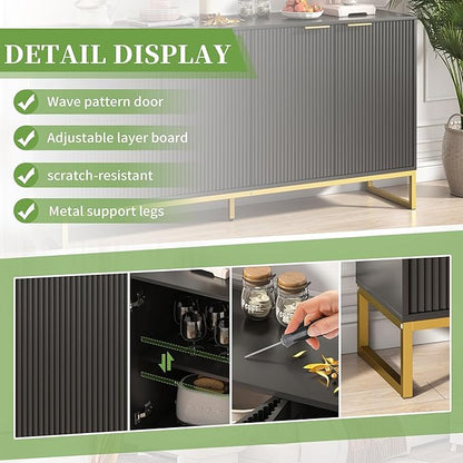 Fluted Accent Storage Cabinet, Kitchen Sideboard Buffet with 4 Fluted Doors, Adjustable Shelves for Living Room, Dining Room, Hallway (Black 4 Door)