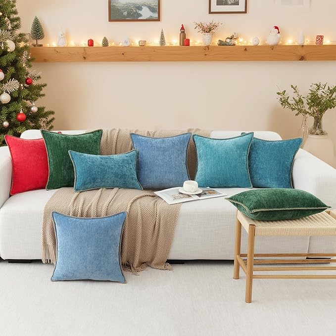 decorUhome Christmas Chenille Soft Throw Pillow Covers 22x22 Set of 2, Farmhouse Velvet Neutral Decorative Euro Pillow Covers with Stitched Edge for Couch Sofa Bed Home Decor, Christmas Red
