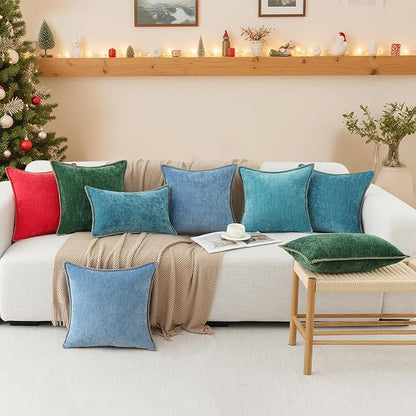 decorUhome Christmas Chenille Soft Throw Pillow Covers 22x22 Set of 2, Farmhouse Velvet Neutral Decorative Euro Pillow Covers with Stitched Edge for Couch Sofa Bed Home Decor, Christmas Red