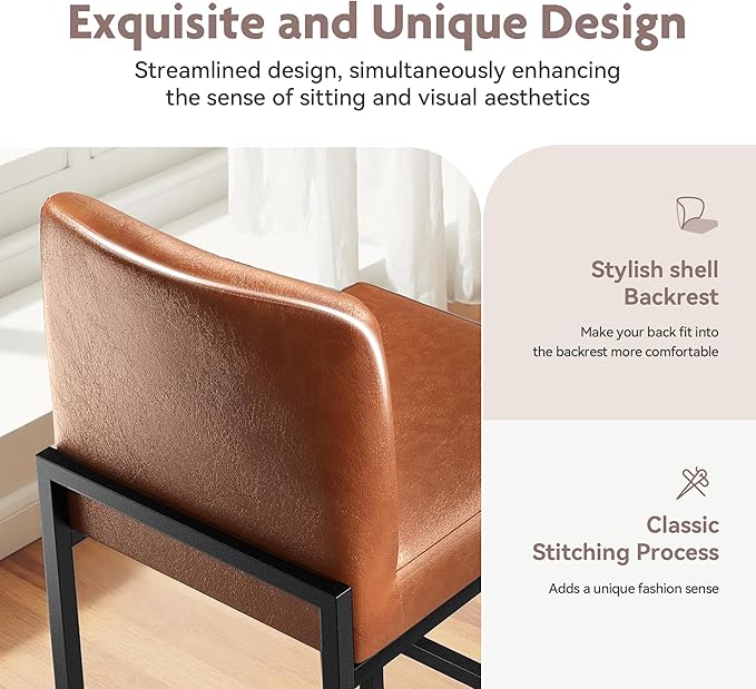 ALPHA HOME 24 Inch Bar Stools, Kitchen Counter Stools with Backs, PU Leather Barstools, Kitchen Stools with Back&Upholstered Footrest, Sturdy Chromed Metal Steel Frame, Brown