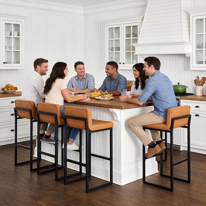 Bar Stools Set of 4, Upholstered Bar Height Barstools with Back and Thickened Metal Frame, Modern 30-inch Tall Bar Chairs for Kitchen Island, Bar, Counter (Caramel Brown, 4Pcs 30" Bar Stools)
