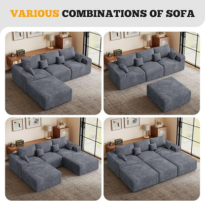 113" Modular Sectional Sofa Bed, Convertible Cloud Couches for Living Room with Ottoman, 6 Seater Corduroy Boneless Couch Sleeper Sofa Set, No Assembly Required, Grey 1 PCS
