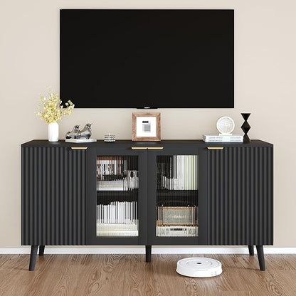 JASIWAY Modern Buffet Cabinet with Storage 55" Fluted Sideboard with 4 Doors Acrylic and Adjustable Shelves Wooden Coffee Bar Cabinet Storage Credenza for Living Room, Dining Room, Kitchen, Black