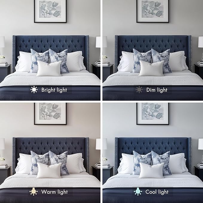 Madison Park Queen Button Tufted Headboard, Adjustable Upholstered Transitional Wingback Headboard, Nailhead Trim, Wooden Frame, Black Metal Legs, Flush Flat Back, Vintage Bedroom Décor Amelia - Navy