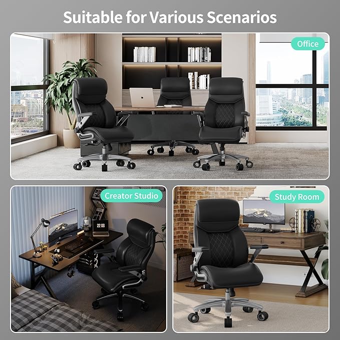 Big and Tall Office Chair with 5D Arms, 600lbs Heavy Duty Desk Chair with Adjustable Lumbar Support, PU Leather High Back Ergonomic Executive Computer Chair with 3'' Silent Casters