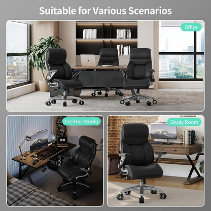 Big and Tall Office Chair with 5D Arms, 600lbs Heavy Duty Desk Chair with Adjustable Lumbar Support, PU Leather High Back Ergonomic Executive Computer Chair with 3'' Silent Casters