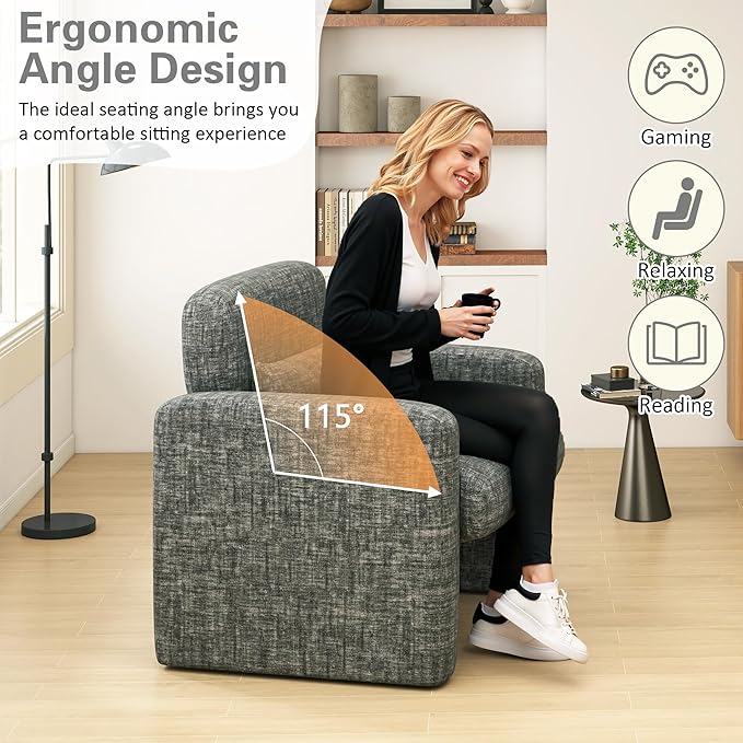 LSSPAID Modern Accent Chairs, Chenille Fabric Armchairs for Living Room, Comfy Upholstered Leisure Single Sofa Chair with Lumbar Pillow for Bedroom, Balcony, Office (Charcoal, Set of 2)