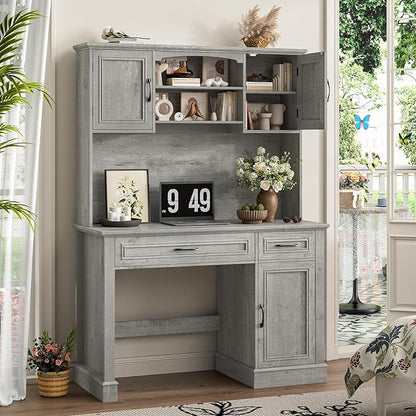 Farmhouse 47" Executive Desk with Hutch, 2 Drawers and LED Light, Computer Desk with Storage Cabinet and Charging Station,Workstation for Home Office and Study.Grey