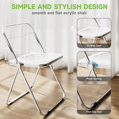 Real Relax Acrylic Folding Chairs,Foldable & Stackable Clear Chairs with Metal Chrome Frame, Indoor and Outdoor, for Home, Office, Party & Events,Set of 2,350LB,Transparent