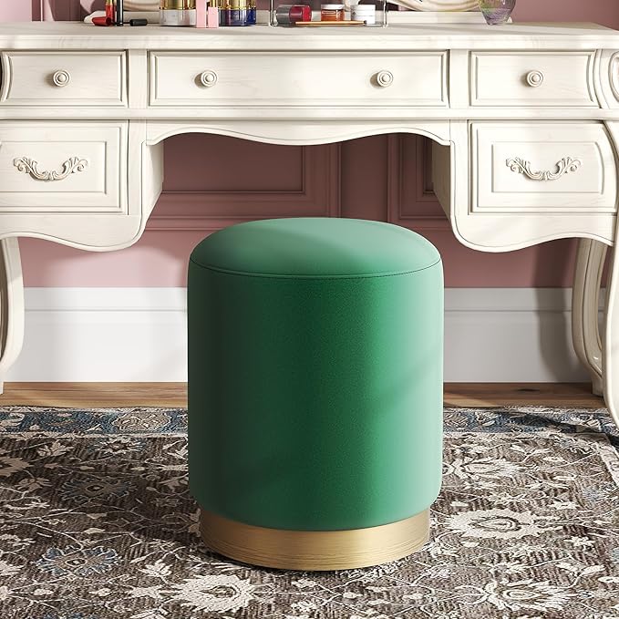 DAGONHIL Modern Round Velvet Ottoman,Upholstered Make-up Short Foot Stools with Gold Plating Base,Pack of 1,Green