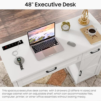 Farmhouse 47" Executive Desk, Computer Desk with Drawers and Storage Cabinet, Workstation Computer Desk for Home Office, Study.Cream White