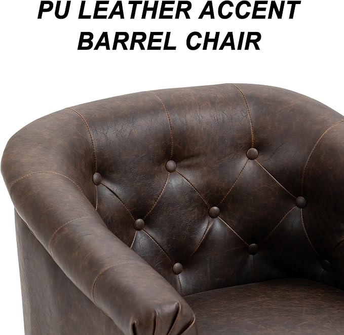 Pia Ricco Faux Leather Barrel Accent Chair, Comfy Club Armchair with Solid Wood Legs, Nailhead Trim Upholstered Single Sofa Chair for Living Room Bedroom/Reading Room, Chocolate, Set of 2