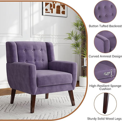 Lumibee Accent Chair, Modern Velevet Armchair for Living Room, Comfy Upholstered Arm Chair Tufted for Indoor Bedroom Office Room (Purple Velvet)