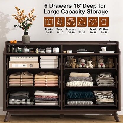 Dresser for Bedroom with 6 Drawers, 55" Large Dresser & Chest of Drawers with Charging Station, Wood Closet Clothes Storage Long Dressers Organizer for Bedroom Living Room Hallway, Brown