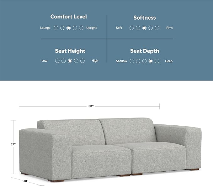 SIMPLIHOME Rex 2-Seater Modular Sofa in 100% Recycled Polyester Tightly Woven Performance Fabric, Pale Grey, 88-inches Wide, Handcrafted Modern-Style Loveseat Sofa for Living Room