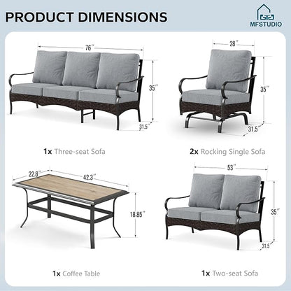MFSTUDIO 5 PCS Outdoor Patio Furniture Set, Metal Outdoor Conversation Set, Rattan Wicker Patio Sectional Sofa Set with 2 x Rocking Single Sofa, 2-Seat and 3-Seat Sofa, 1 x Coffee Table, Grey