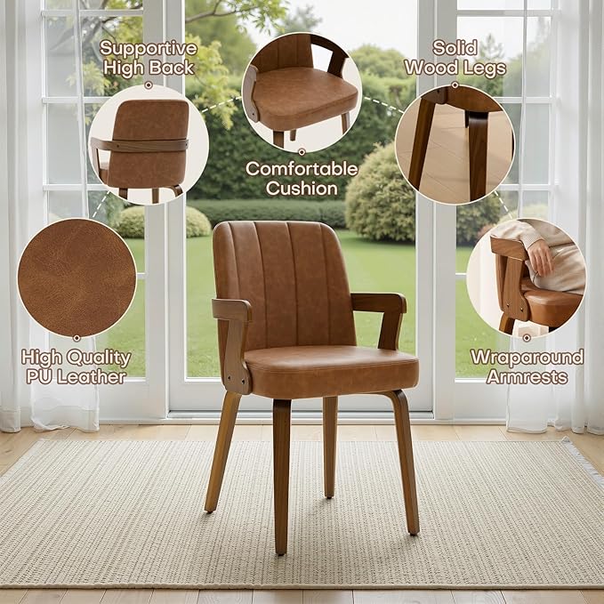 Kitchen Dining Chairs Set of 2, Faux Leather Upholstered Dining Room Chairs with Wood Arms and Legs, Mid Century Modern Kitchen Side Chair for Living, Bedroom, Restaurant, Walnut/Brown