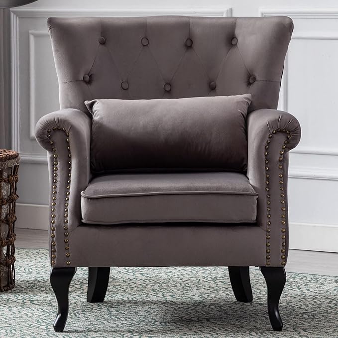 Mid Century Modern Accent Chair Upholstered Armchair Comfy Velvet Fabric Single Sofa with Tufted Wingback for Small Spaces Bedroom Living Room, Grey