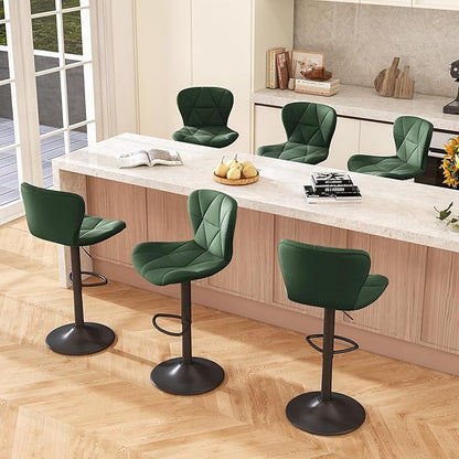 Bar Stools Set of 6,Adjustable Swivel Barstools, Faux Leather Bar Chairs,Upholstered Counter Height with High Backrest for Kitchen Island, Green