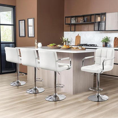 Yaheetech Bar Stools, PU Leather Adjustable Swivel Barstools, Hydraulic Kitchen Counter Height Bar Chairs with Armrest and Back for Bar, Kitchen, Dining Room, White