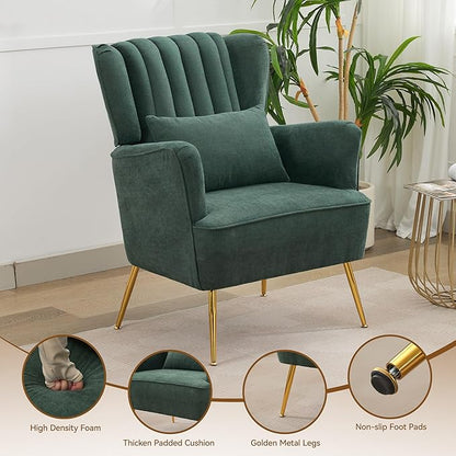 Fabric Accent Living Room Arm Chair with Pillow & Golden Legs, 8.5" Thick Cushion, Mid Century Modern Wingback Chairs Upholstered Comfy Sofa Armchair for Reading Room/Bedroom, Green