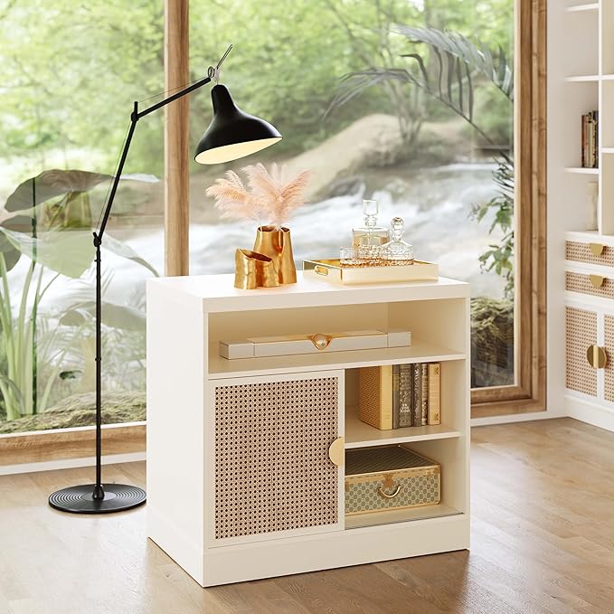 Modern Wood Accent Cabinet with Sliding Door, Adjustable Open Shelves & Gold Handle Storage Cabinet for Home Office, 31W*20D*29H, White Rattan