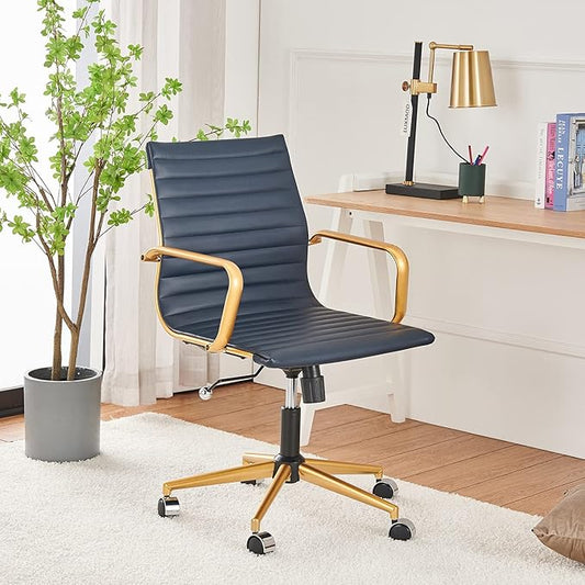 COROCC Office Desk Chair Modern Conference Room Task Chairs Leather Computer Swivel Excutive Ribbed Ergonomic Rolling Gold Desk Chair for Home Office
