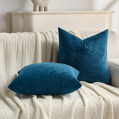 FUTEI Navy Blue Velvet Throw Pillow Covers 18x18 Inch Set of 2,Soft Embossed Leaf-Relief Textured Cushion Cases,Natural Home Decor for Couch Living Room