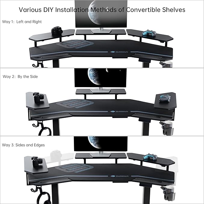 EUREKA ERGONOMIC Gaming Desk Adjustable Height Standing Desk 63" Wing Shaped Music Studio Table Workstation w Full Coverage Mousepad, 3 Stands, Dual Headphone/Cup Holder, Ipad-Slot
