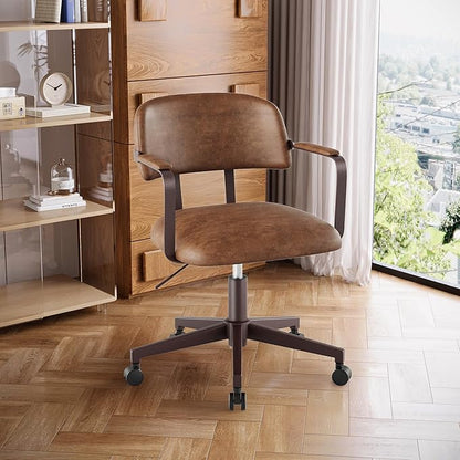 Home Office Desk Chair, Mid-Century Style Desk Chair with Padded Arms, Adjustable Seat Height, Mid Back 360° Small Computer Chair with Mobile Mute Wheel, PU Leather (Brown)