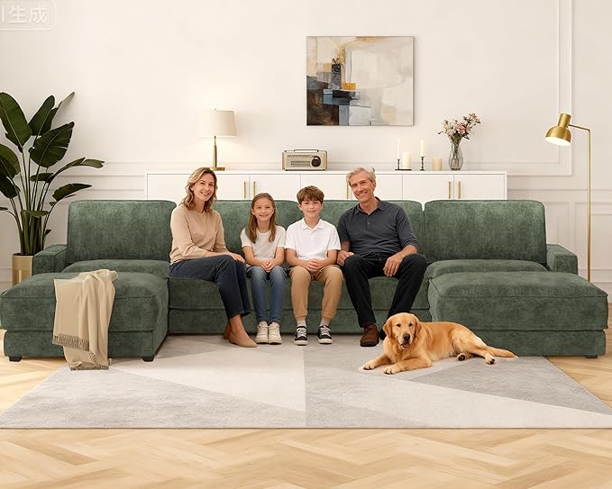 Sunny Heart 160" U-Shaped Modular Sectional Sofa, Oversized Cloud Couch with Movable Ottoman, 6-Seat Chenille Deep Seat Sofa with Pillow, Sectional Couches for Living Room, Apartment, Green