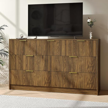 Walnut Fluted 7 Drawer Dresser Bedroom,55” Wide Mid Century Wood Dresser with Gold Handles, Chest of Drawer Wooden TV Stand for Closet,Bedroom,Living Room,Walnut