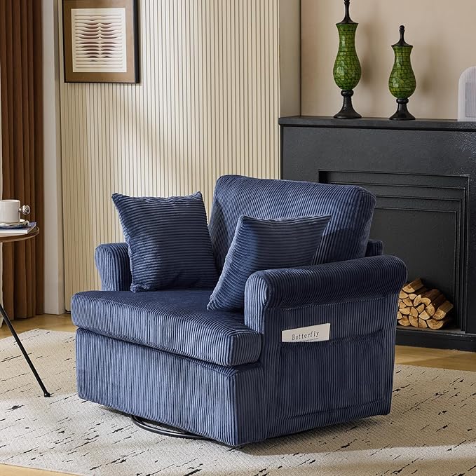 Karl home 39" Swivel Accent Chair,Oversized Seat Armchair W/2 Pillows and 4 Pockets,Modern Upholstered Corduroy Barrel Chair,Comfy Single Sofa for Living Room,Reading,Bedroom and Office-Dark Blue
