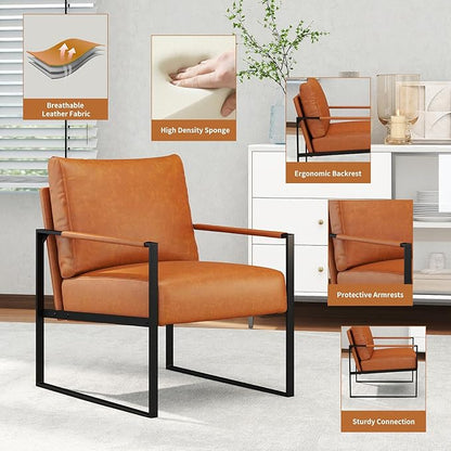 CANMOV Modern Accent Chair Set of 2, PU Leather Armchair with Metal Frame,Comfy Single Reading Chair with Soft Padded Backrest and Cushion for Living Room, Bedroom,Reading Room,Office,Brown