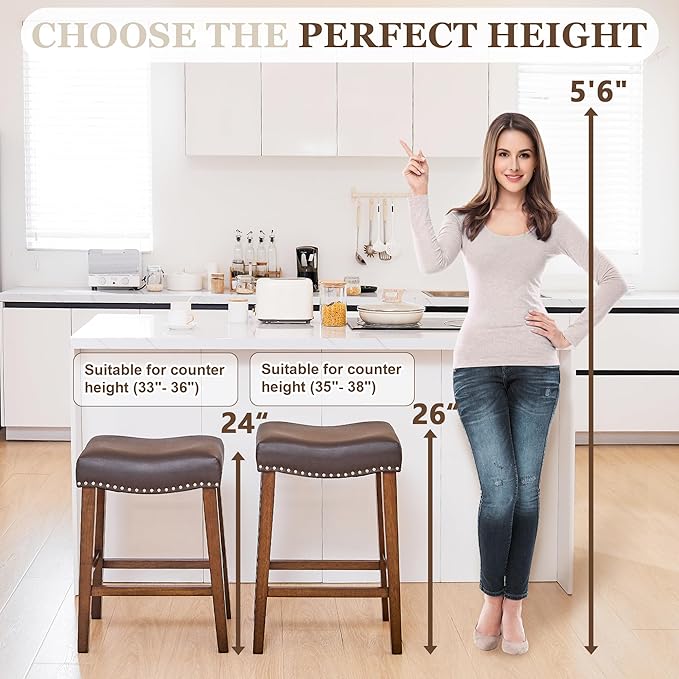 PrimeZone Counter Height Bar Stools Set of 4 - Backless Saddle Barstools with 4.3" Thick Upholstered, Nailhead Trim Faux Leather & Solid Wood Legs, 26 Inch Counter Stools for Kitchen Island, Brown